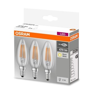 Osram Base átlátszó üveg búra/4W/470lm/2700K/E14/dobozos LED gyertya izzó 3 db 