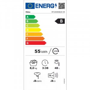 Midea MF100W80B/W-HR Elöltöltős mosógép B,8 kg,Normál mélység,1400 ford/perc,76 dB,Inverter motorral