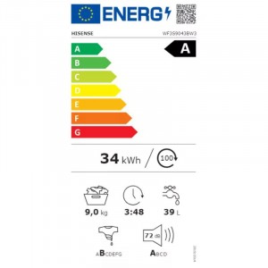 Hisense WF3S9043BW3 Elöltöltős mosógép A Energiaosztály, 9 kg, Normál mélység, 1400 fordulat/perc, Centrifugálási zajszint: 72 dB, Inverter motorral, Gőzfunkció nélkül